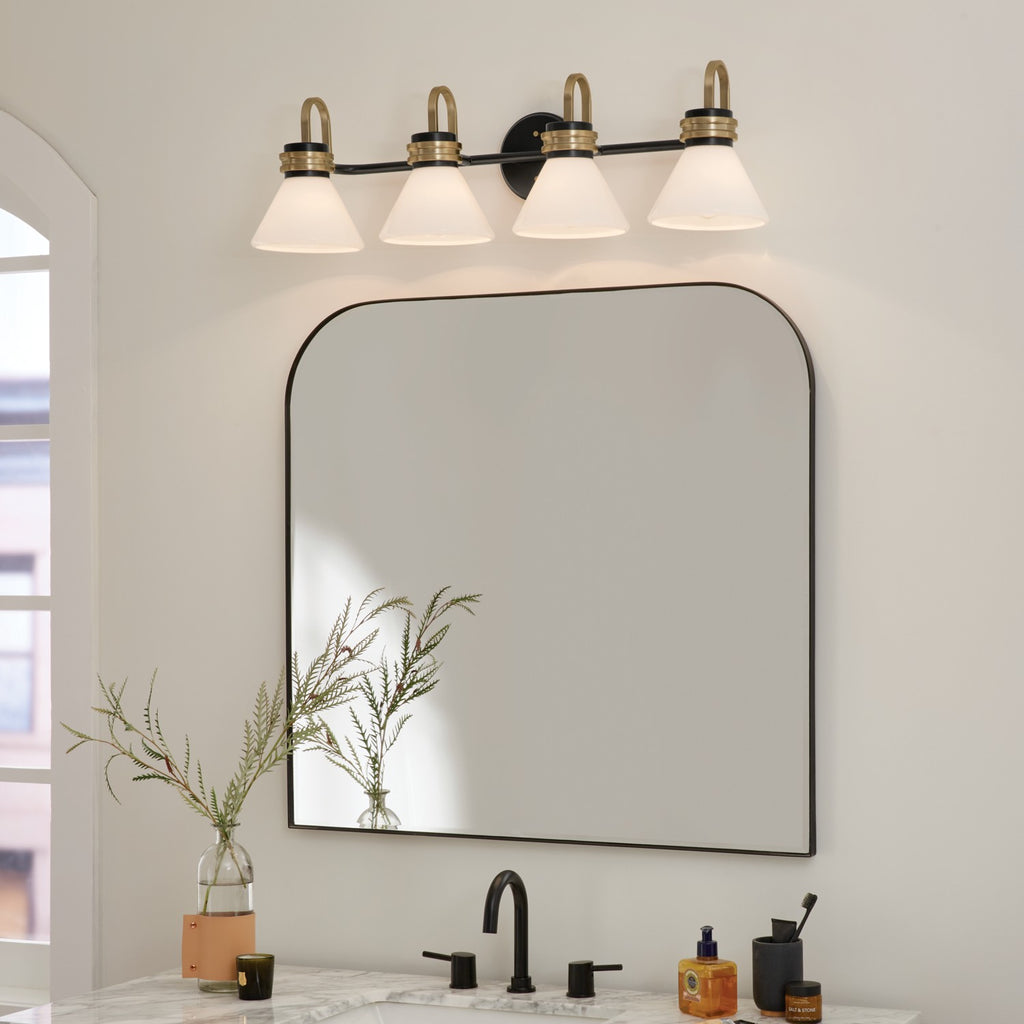 KICHLER 55156BK Farum 34 Inch 4 Light Vanity With Opal Glass In Black With Champagne Bronze