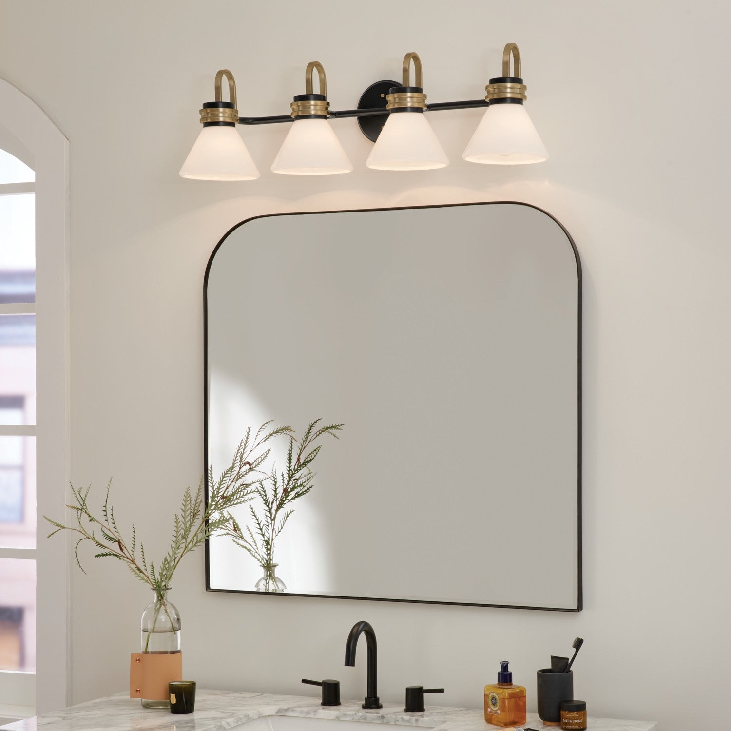 KICHLER 55156BK Farum 34 Inch 4 Light Vanity With Opal Glass In Black With Champagne Bronze