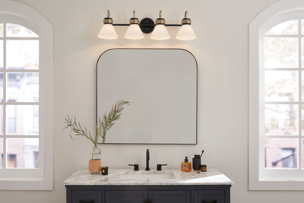 KICHLER 55156BK Farum 34 Inch 4 Light Vanity With Opal Glass In Black With Champagne Bronze