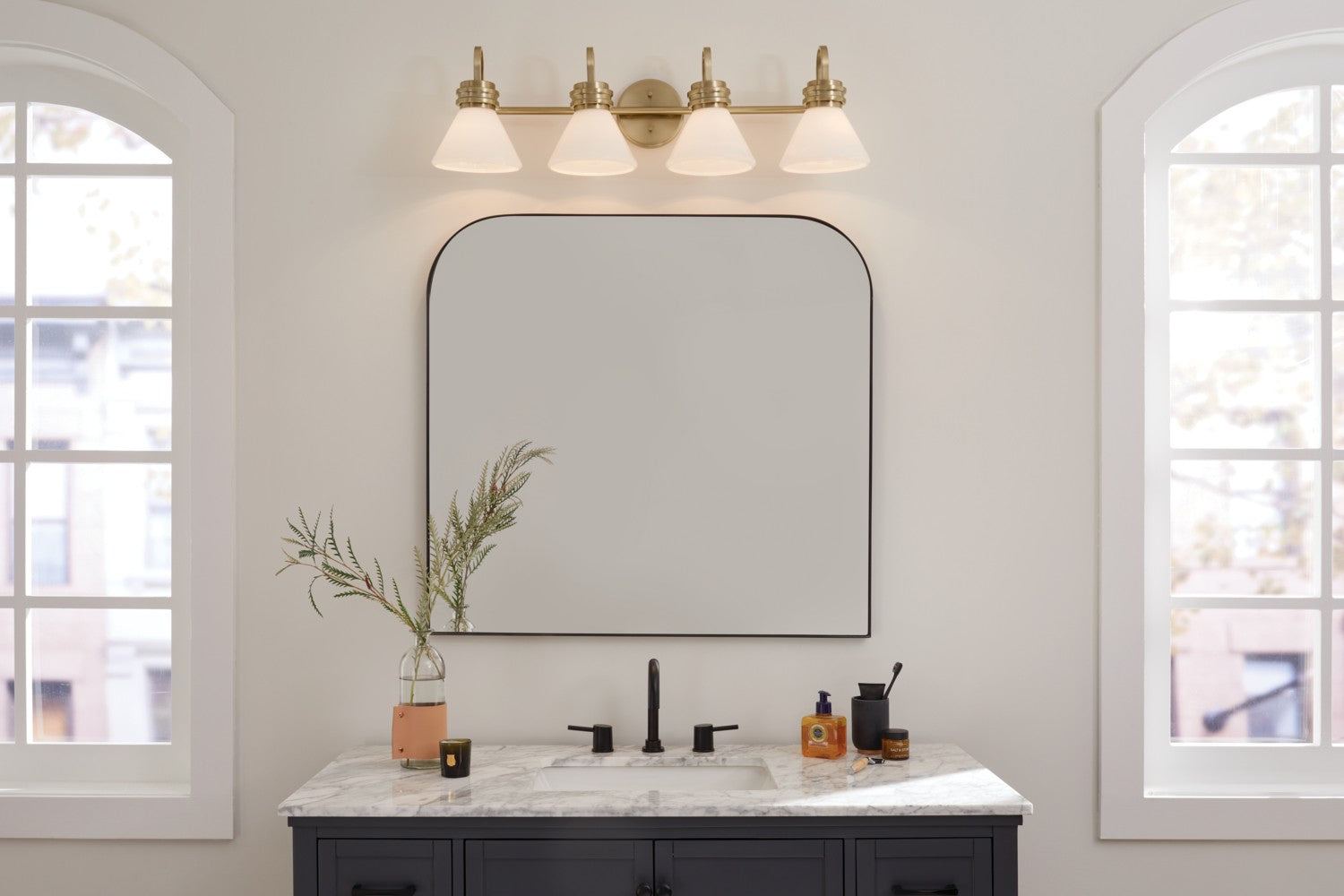 KICHLER 55156CPZ Farum 34 Inch 4 Light Vanity With Opal Glass In Champagne Bronze