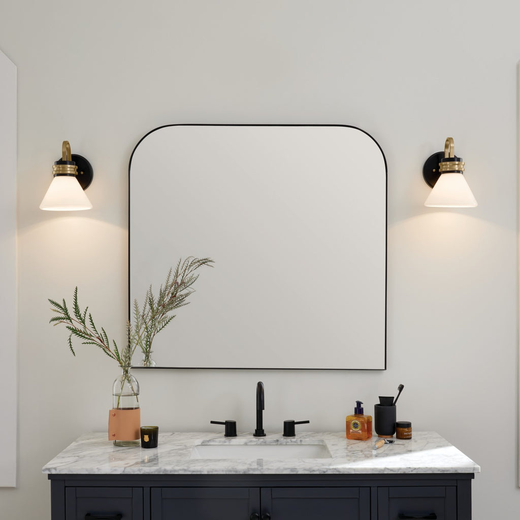 KICHLER 55153BK Farum 9.5 Inch 1 Light Wall Sconce With Opal Glass In Black With Champagne Bronze
