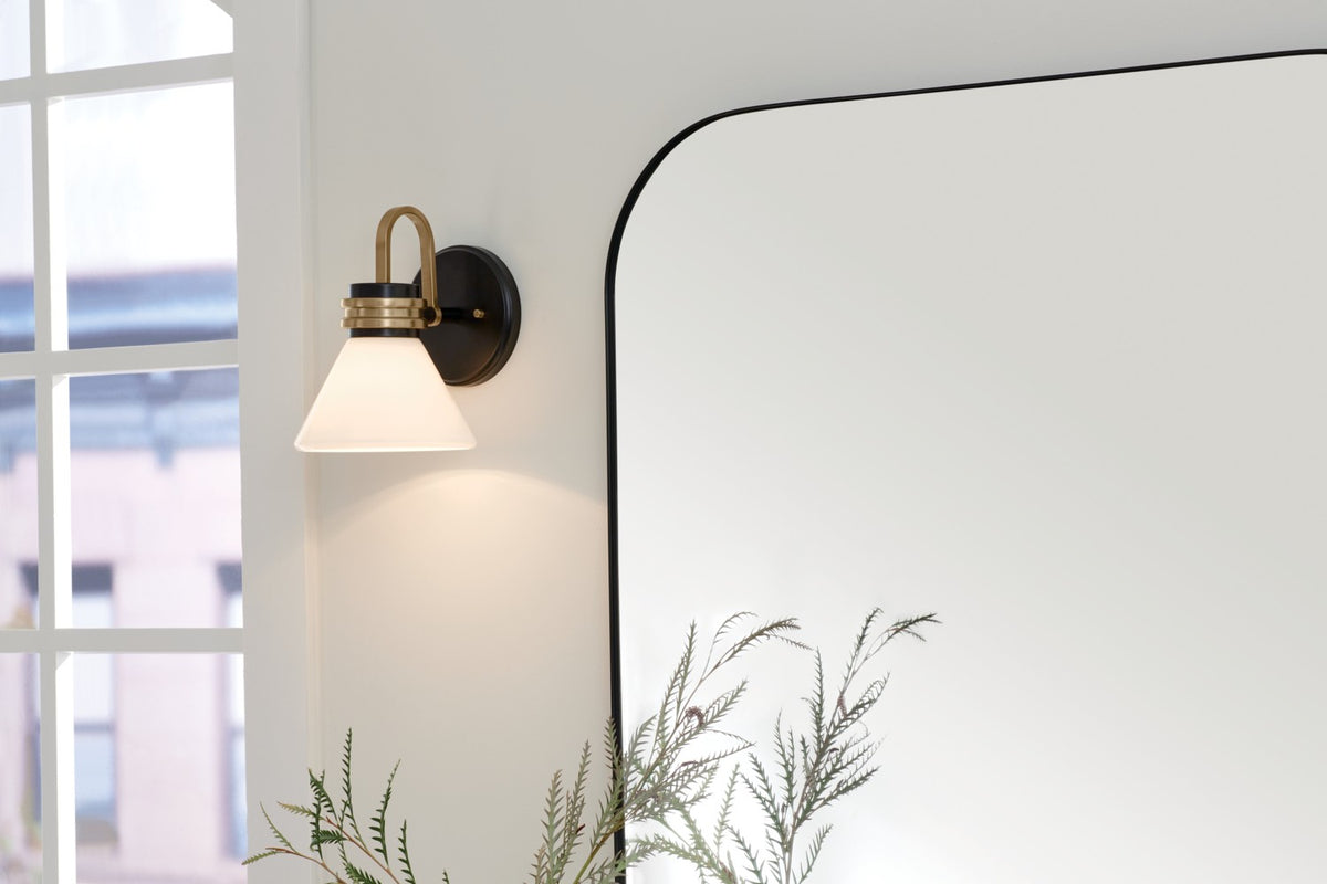 KICHLER 55153BK Farum 9.5 Inch 1 Light Wall Sconce With Opal Glass In Black With Champagne Bronze