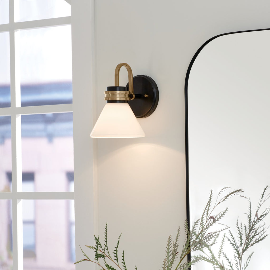 KICHLER 55153BK Farum 9.5 Inch 1 Light Wall Sconce With Opal Glass In Black With Champagne Bronze