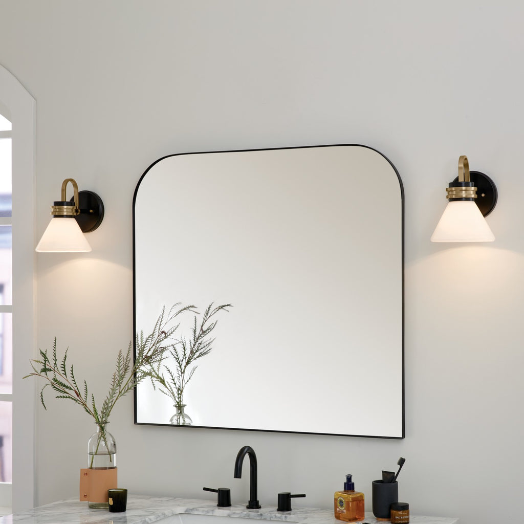 KICHLER 55153BK Farum 9.5 Inch 1 Light Wall Sconce With Opal Glass In Black With Champagne Bronze