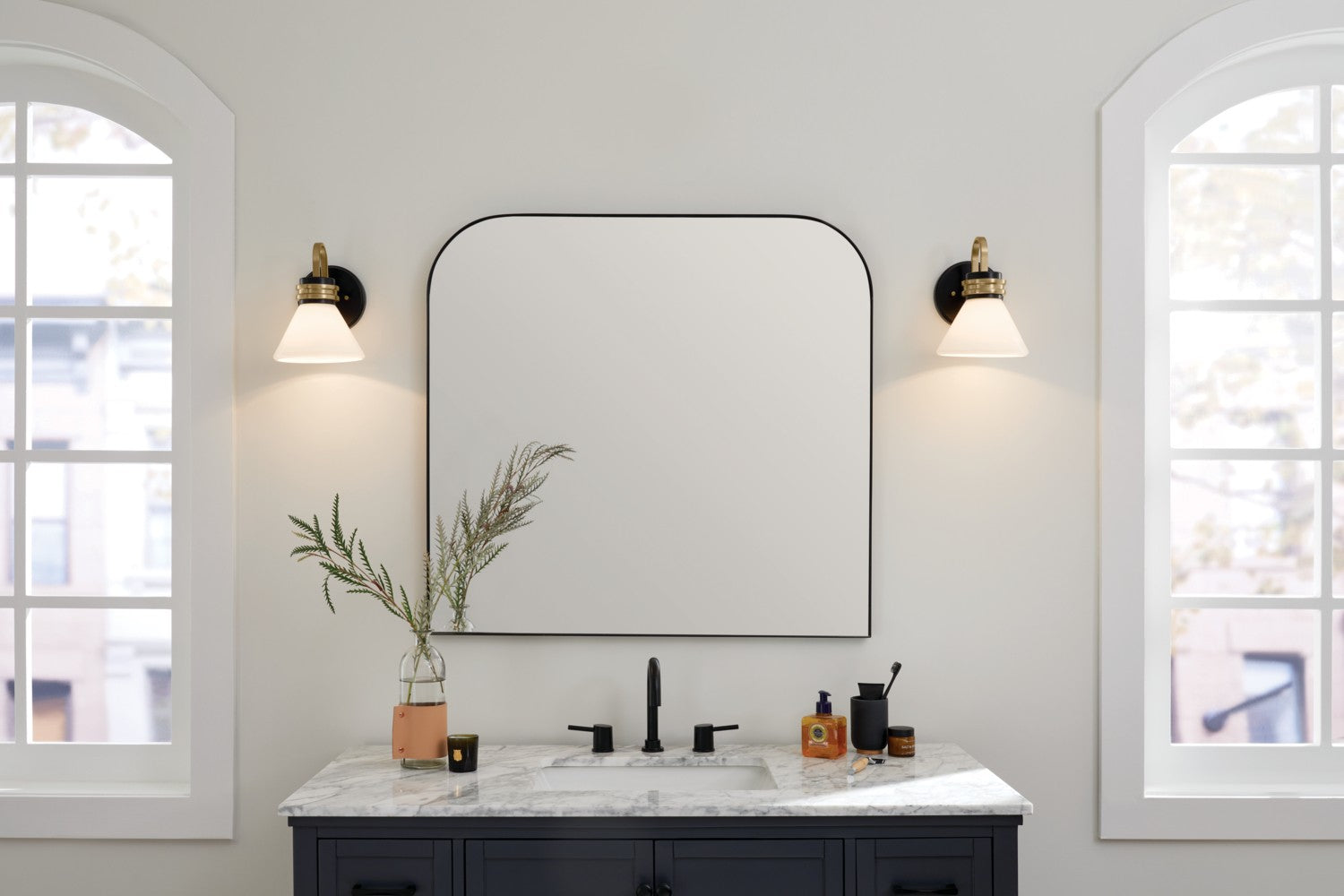KICHLER 55153BK Farum 9.5 Inch 1 Light Wall Sconce With Opal Glass In Black With Champagne Bronze