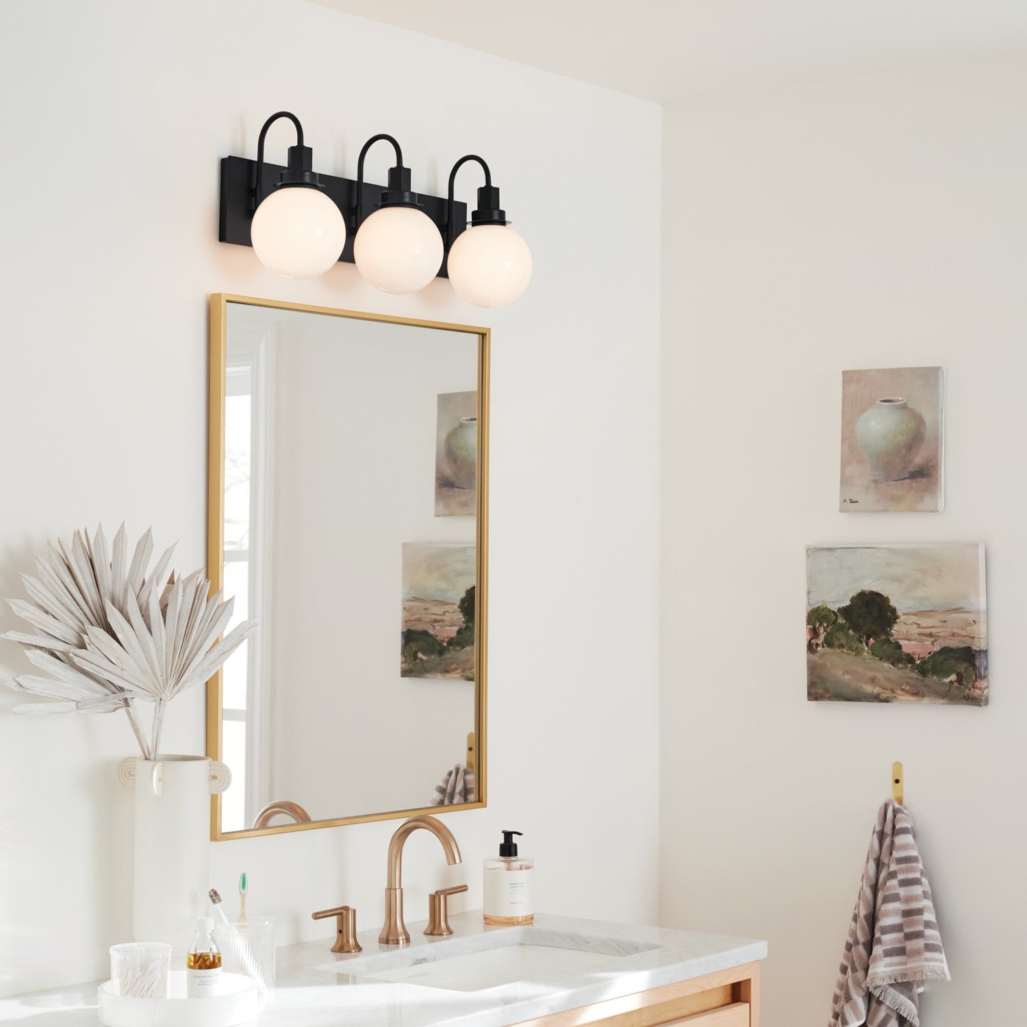 KICHLER 55151BK Hex 22.75 Inch 3 Light Vanity With Opal Glass In Black