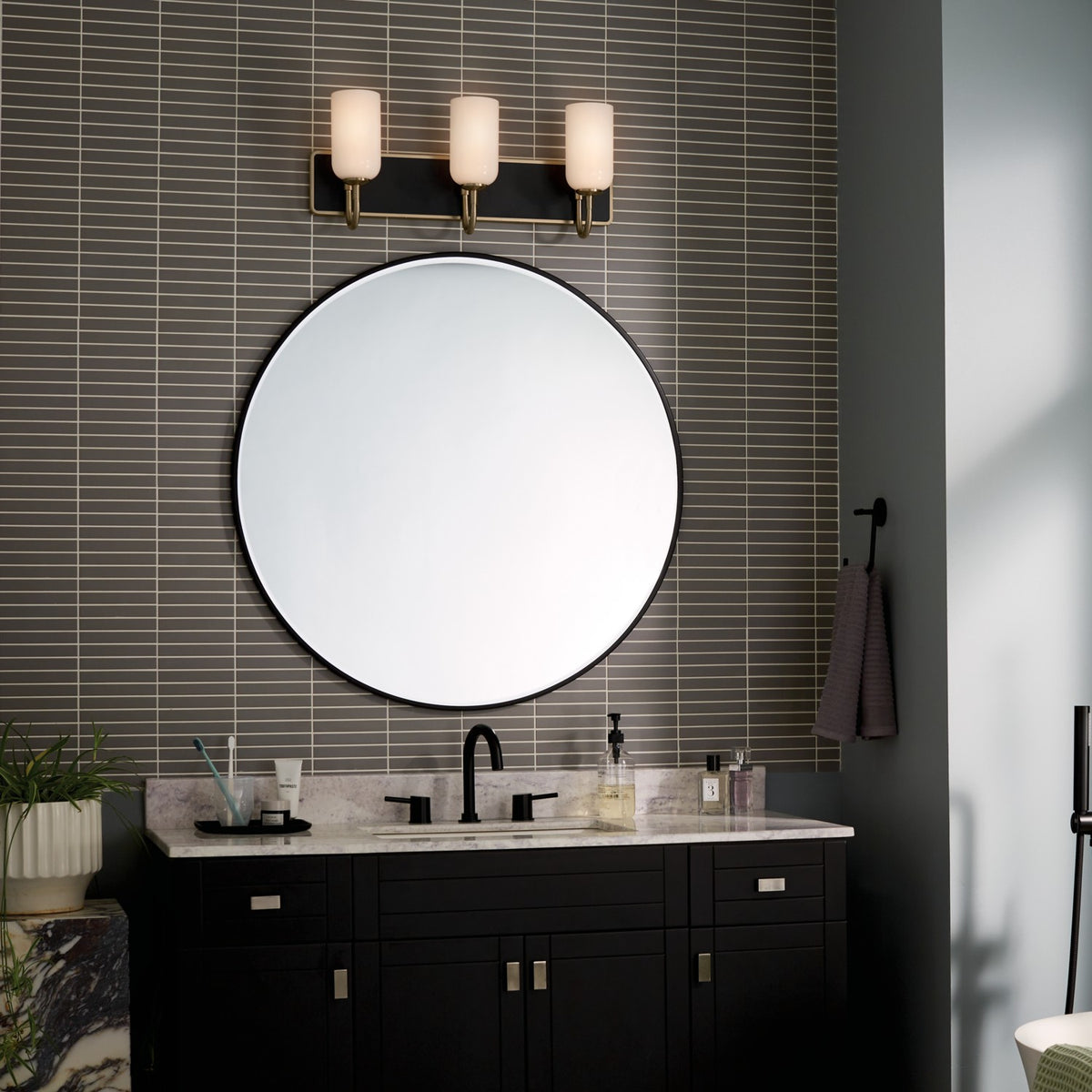 KICHLER 55163CPZ Solia 24 Inch 3 Light Vanity With Opal Glass In Champagne Bronze With Black