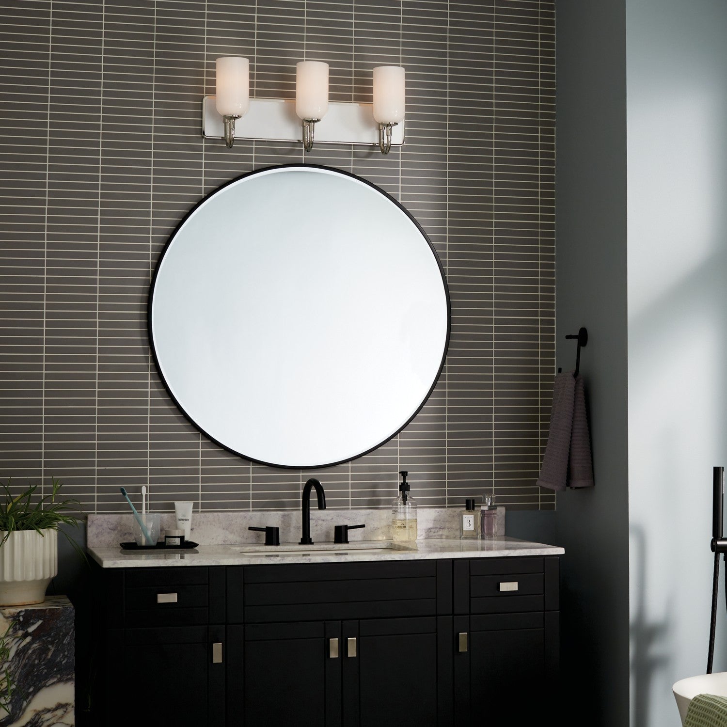 KICHLER 55163PN Solia 24 Inch 3 Light Vanity With Opal Glass In Polished Nickel With Stain Nickel