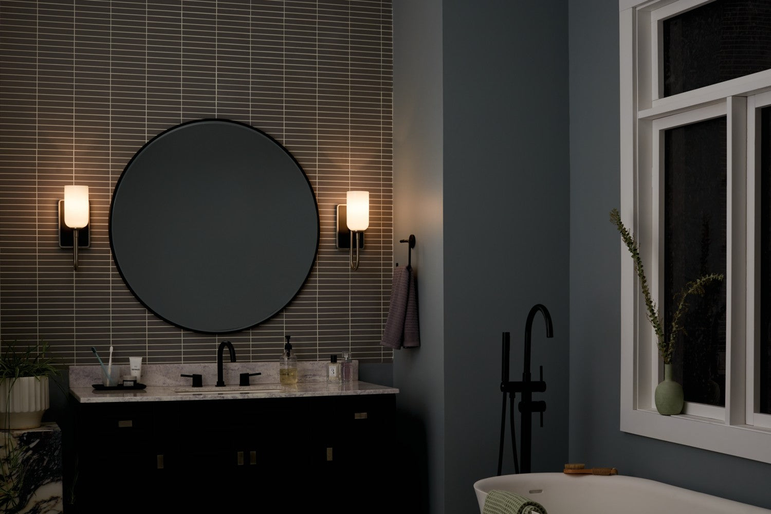 KICHLER 55161NI Solia 13.5 Inch 1 Light Wall Sconce With Opal Glass In Brushed Nickel With Black