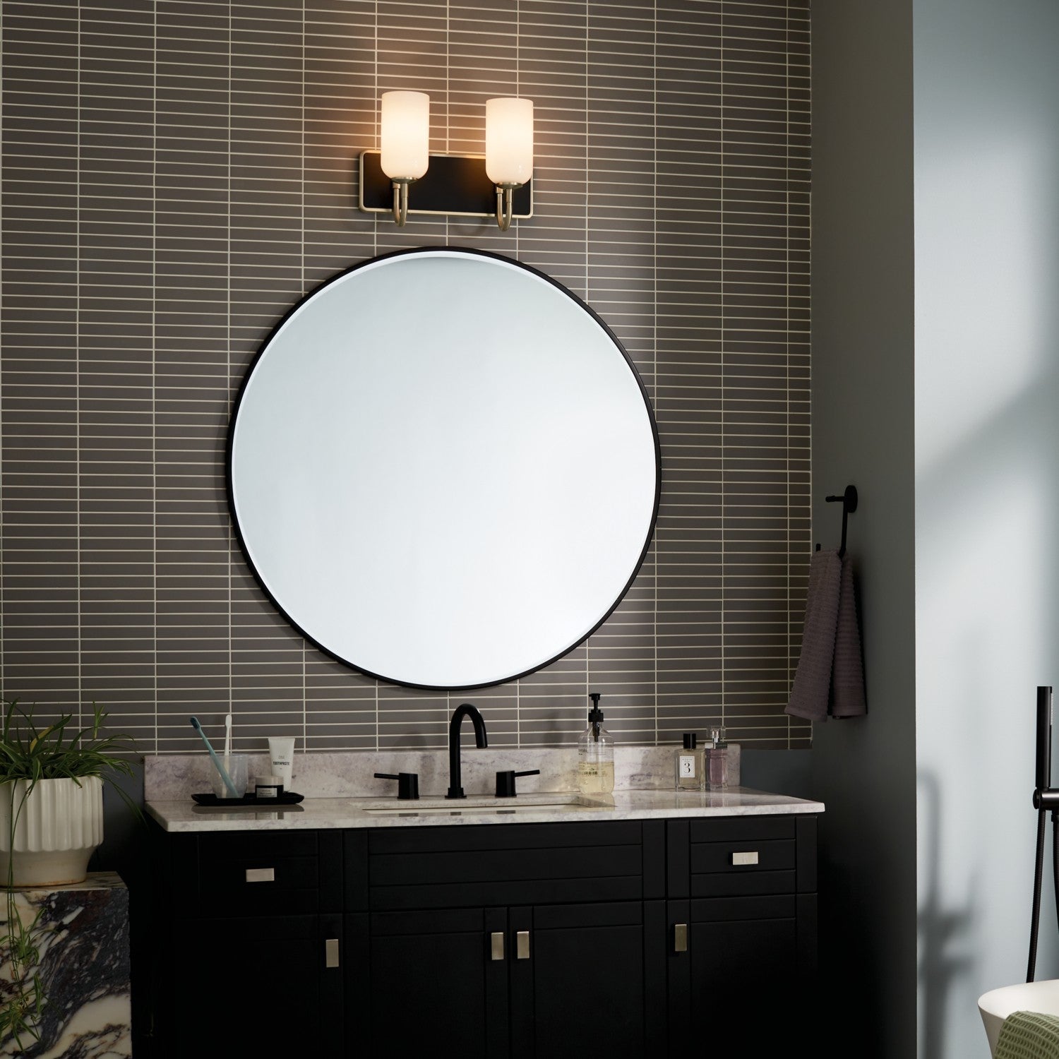 KICHLER 55162CPZ Solia 14.25 Inch 2 Light Vanity With Opal Glass In Champagne Bronze With Black