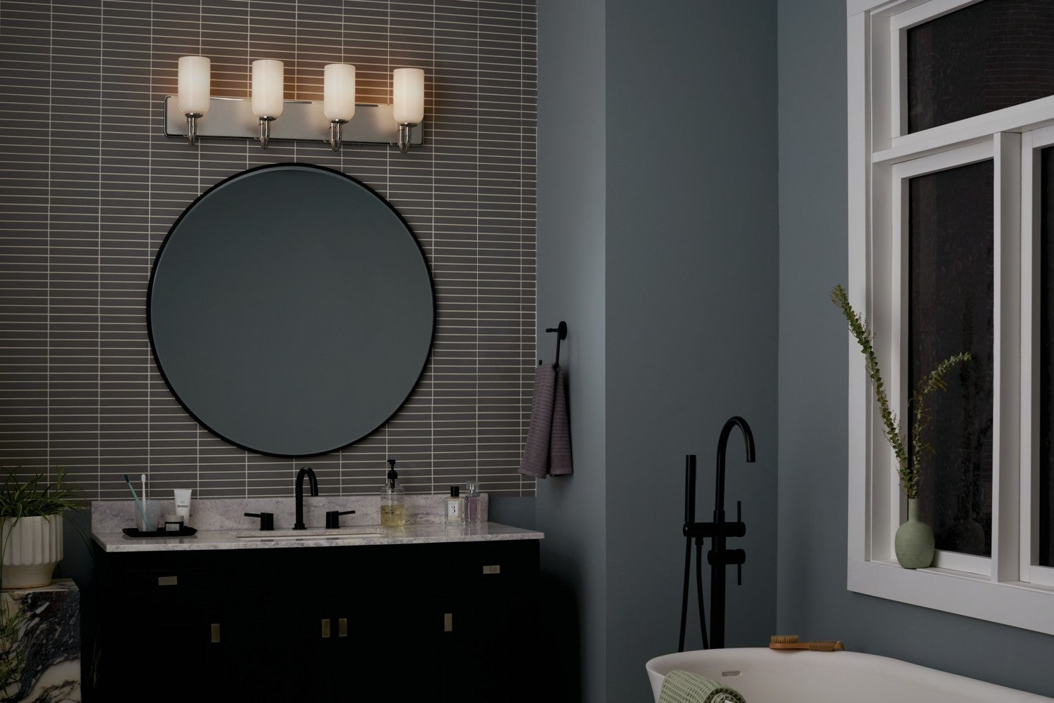 KICHLER 55164PN Solia 32 Inch 4 Light Vanity With Opal Glass In Polished Nickel With Stain Nickel