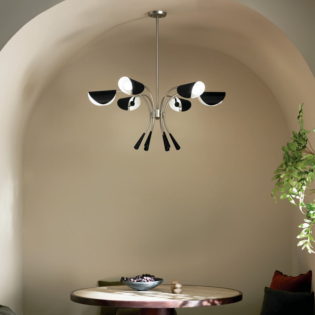 KICHLER 52559SN Arcus 39.25 Inch 6 Light Chandelier In Satin Nickel With Black