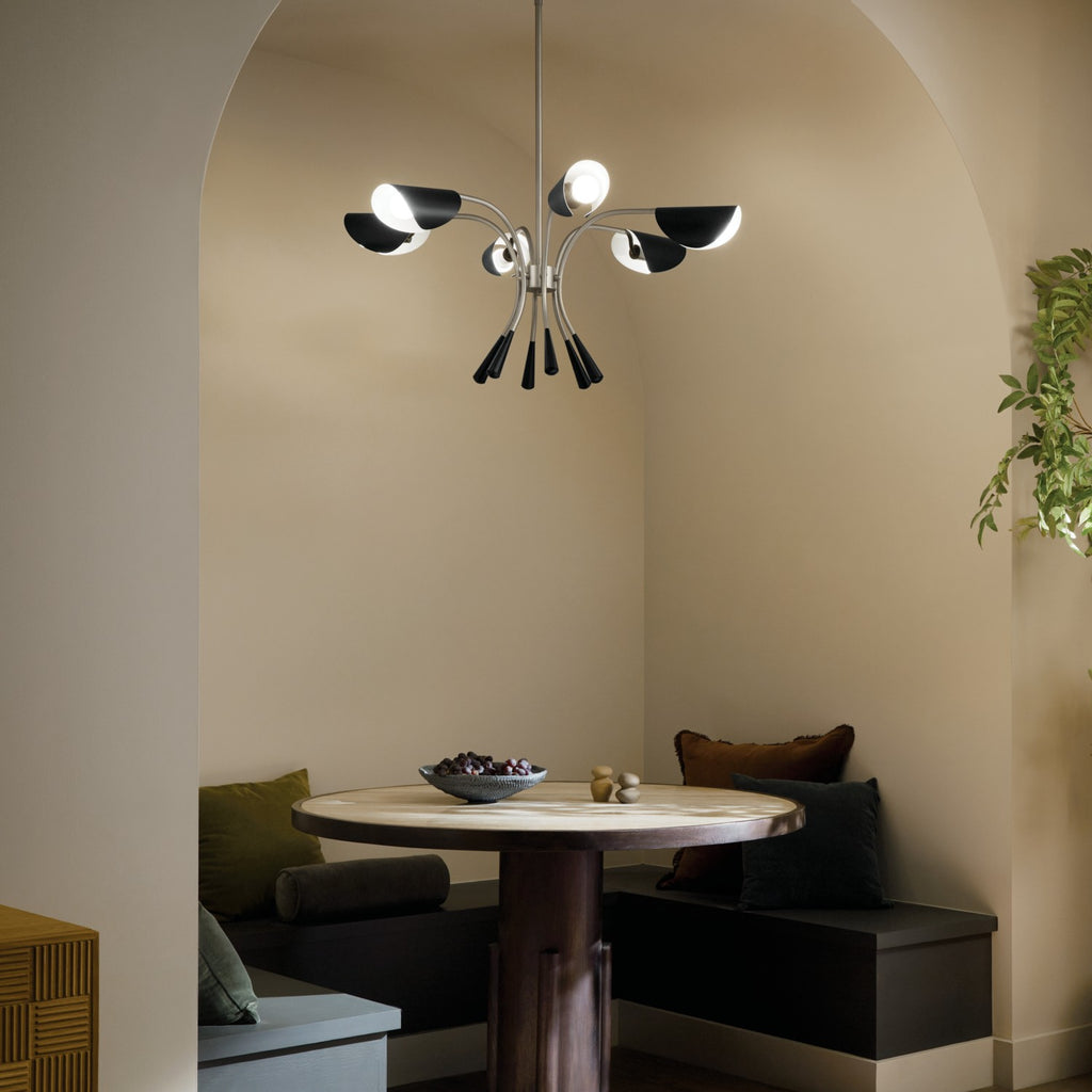 KICHLER 52559SN Arcus 39.25 Inch 6 Light Chandelier In Satin Nickel With Black