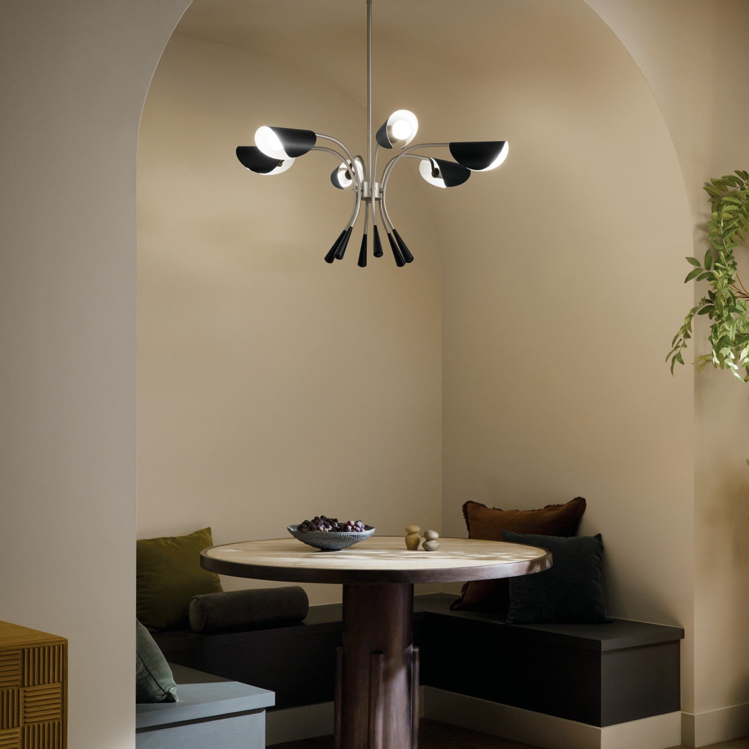 KICHLER 52559SN Arcus 39.25 Inch 6 Light Chandelier In Satin Nickel With Black
