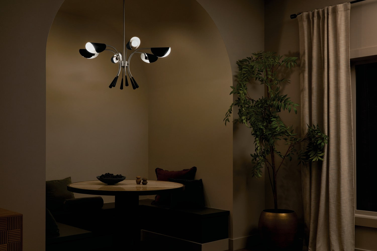 KICHLER 52559SN Arcus 39.25 Inch 6 Light Chandelier In Satin Nickel With Black