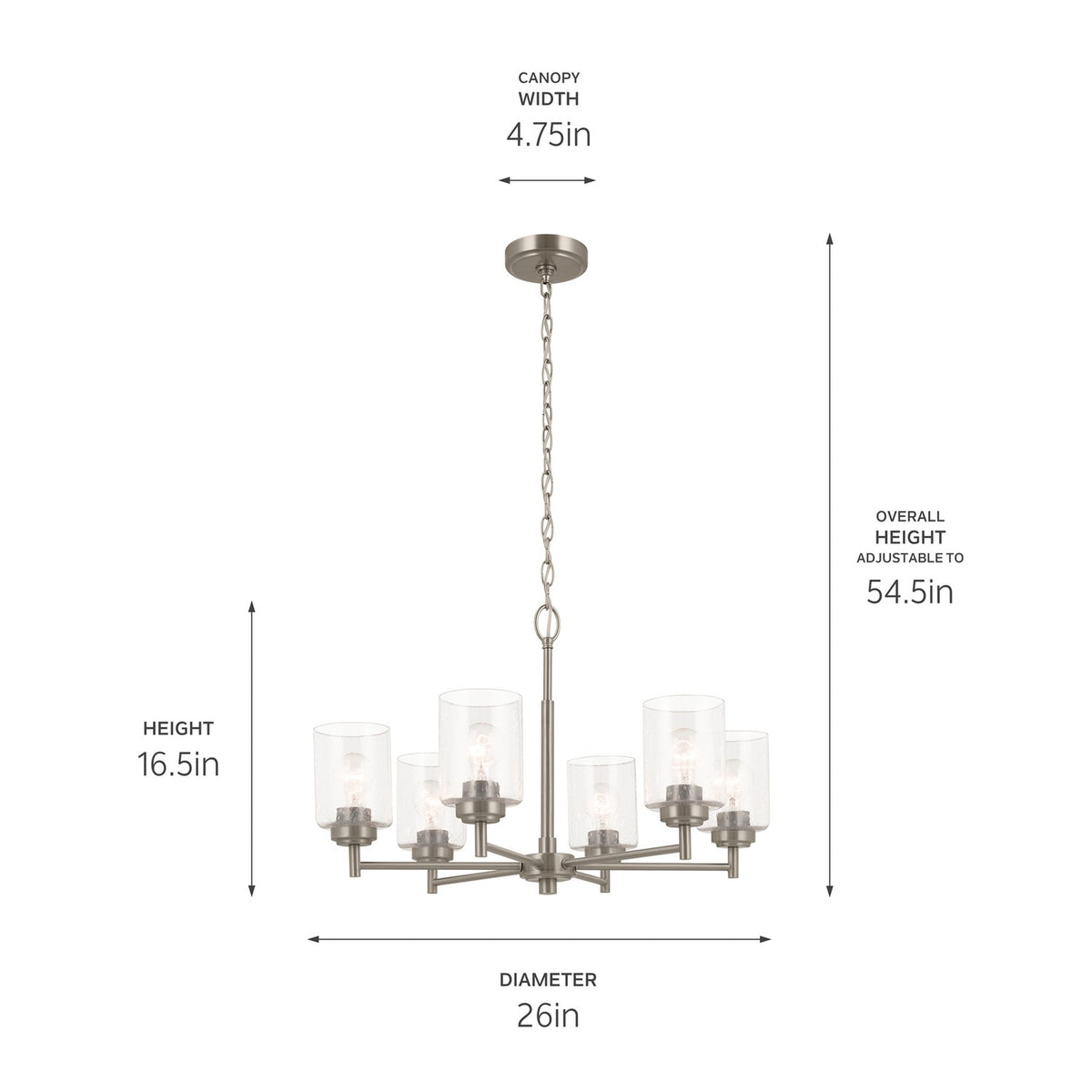 KICHLER 52616NI Winslow 26-Inch 6 Light Chandelier With Clear Seeded Glass In Brushed Nickel