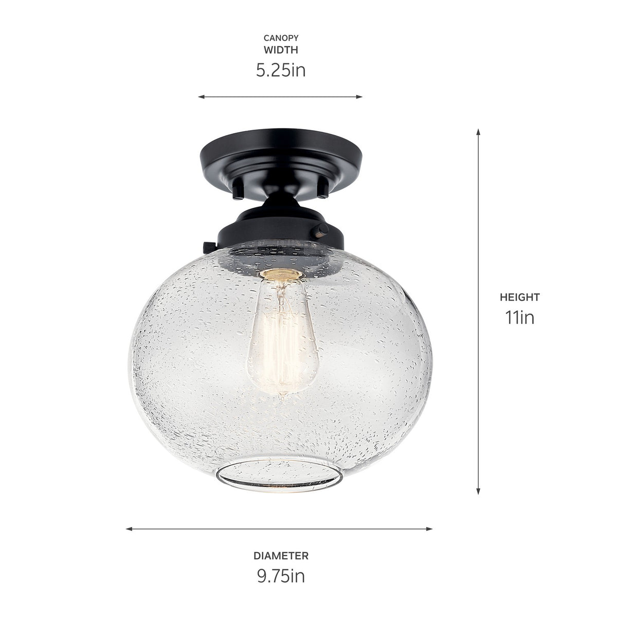 KICHLER 42296BK Avery 11 Inch 1 Light Semi Flush With Clear Seeded Glass In Black
