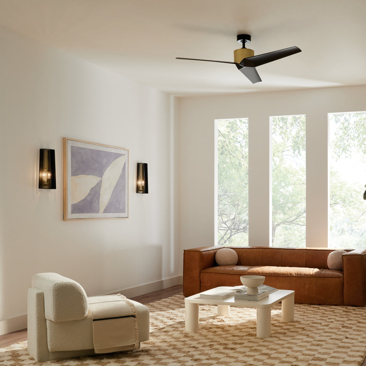 KICHLER 330130NBR 56 Inch Almere 3 Blade Indoor Ceiling Fan In Natural Brass With Satin Blackâ Bladesâ 