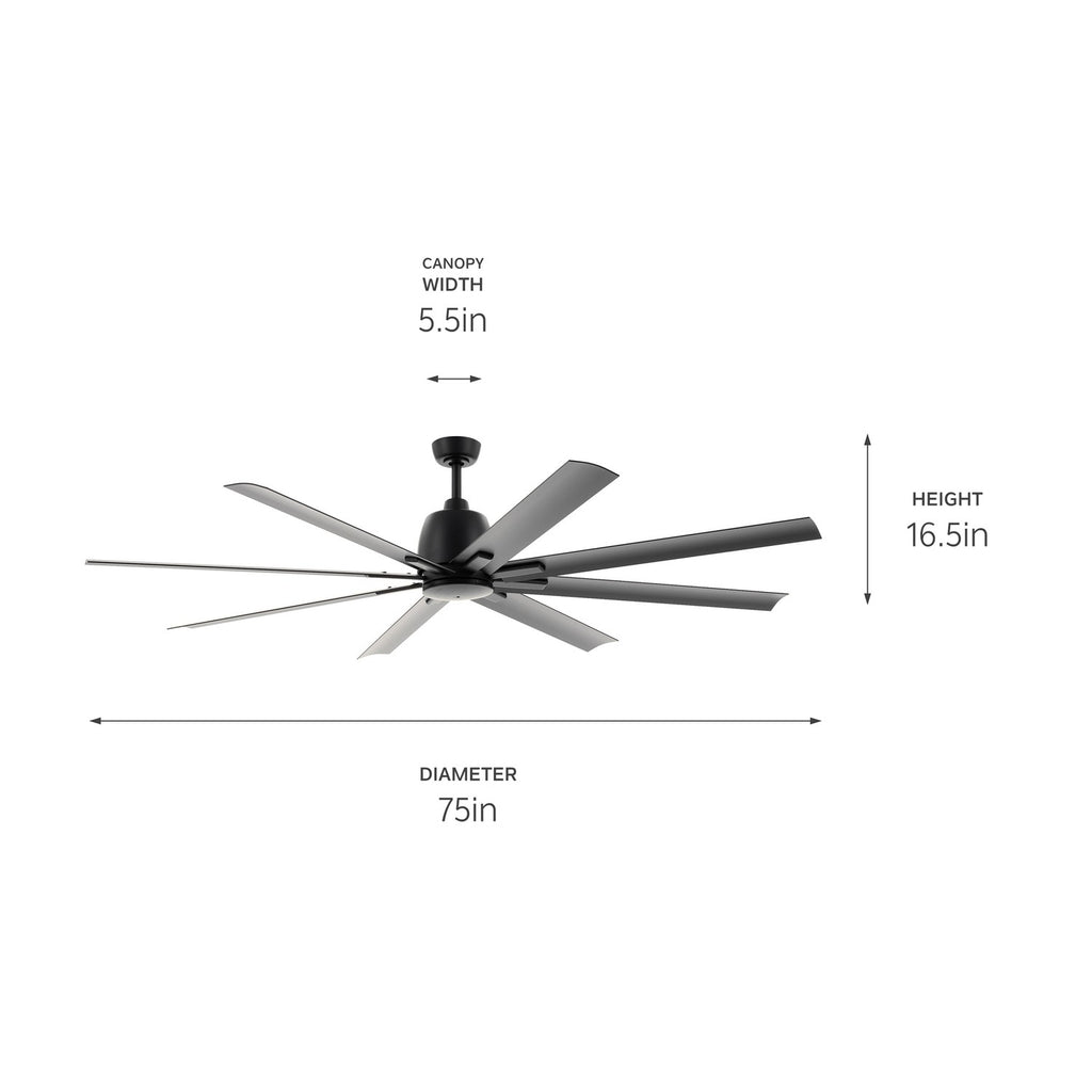 KICHLER 310275SBK 75 Inch Breda 8 Blade Ceiling Fan In Satin Black With Satin Black Blades