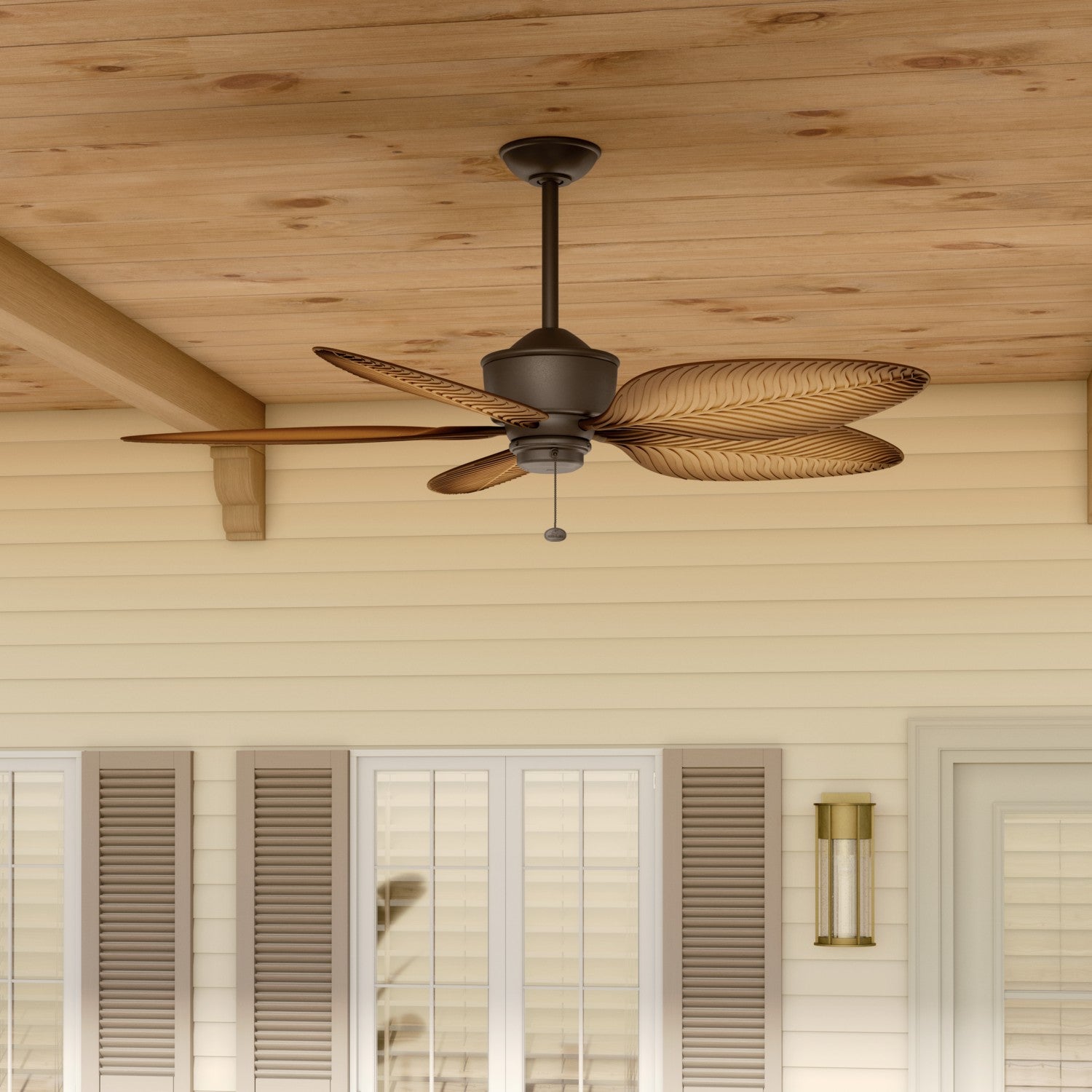 KICHLER 310095SNB 56 Inch Nani 5 Blade Weather+ Outdoor Ceiling Fan In Satin Natural Bronze And Ivory With Walnut Blades