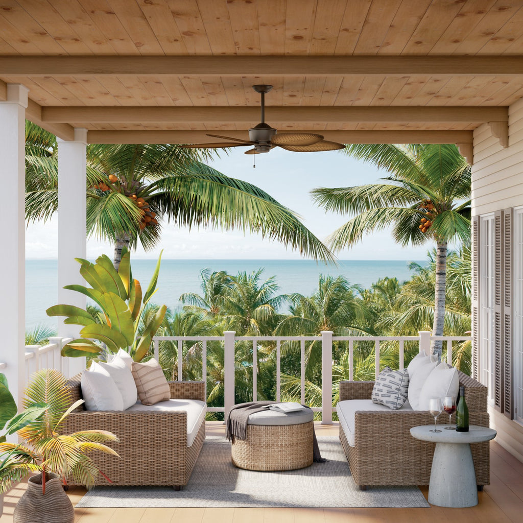 KICHLER 310095SNB 56 Inch Nani 5 Blade Weather+ Outdoor Ceiling Fan In Satin Natural Bronze And Ivory With Walnut Blades