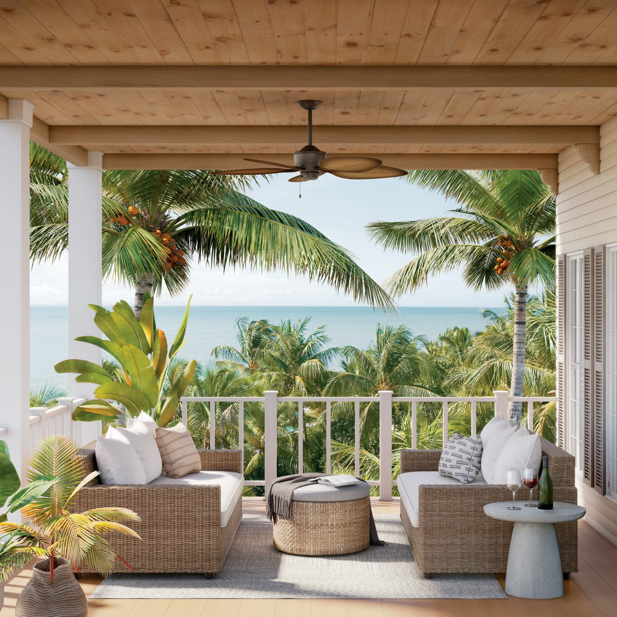 KICHLER 310095SNB 56 Inch Nani 5 Blade Weather+ Outdoor Ceiling Fan In Satin Natural Bronze And Ivory With Walnut Blades