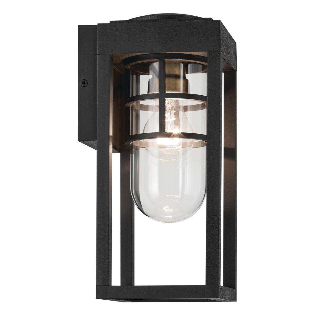 KICHLER 59137BKT Hone 13 Inch 1 Light Outdoor Wall Light With Clear Glass In Textured Black With Natural Brass Accent