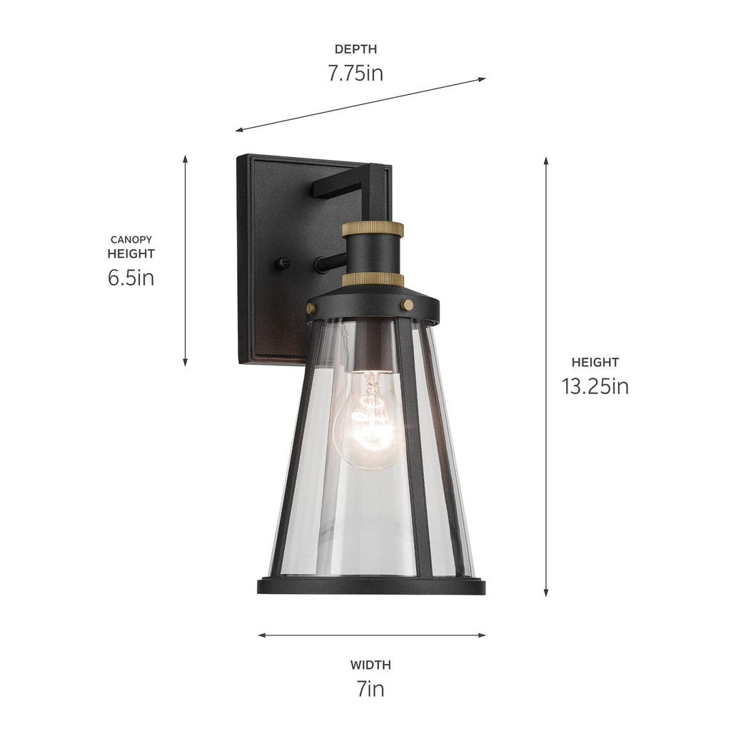 KICHLER 59146BKT Talman 13.25 Inch 1 Light Outdoor Wall Light With Clear Glass In Textured Black And Natural Brass
