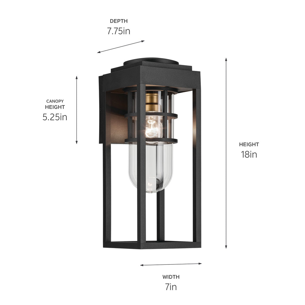KICHLER 59138BKT Hone 18 Inch 1 Light Outdoor Wall Light With Clear Glass In Textured Black With Natural Brass Accent