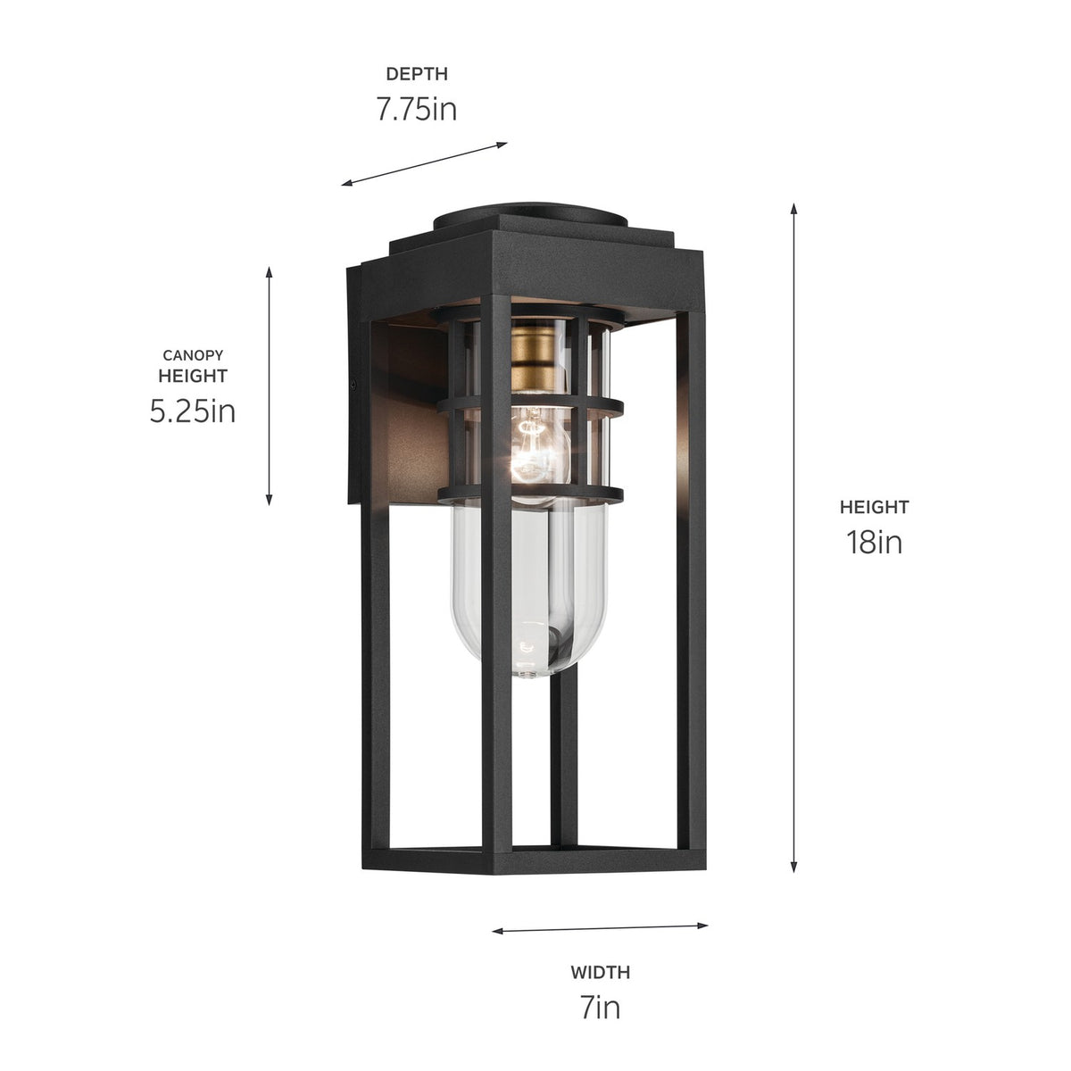KICHLER 59138BKT Hone 18 Inch 1 Light Outdoor Wall Light With Clear Glass In Textured Black With Natural Brass Accent