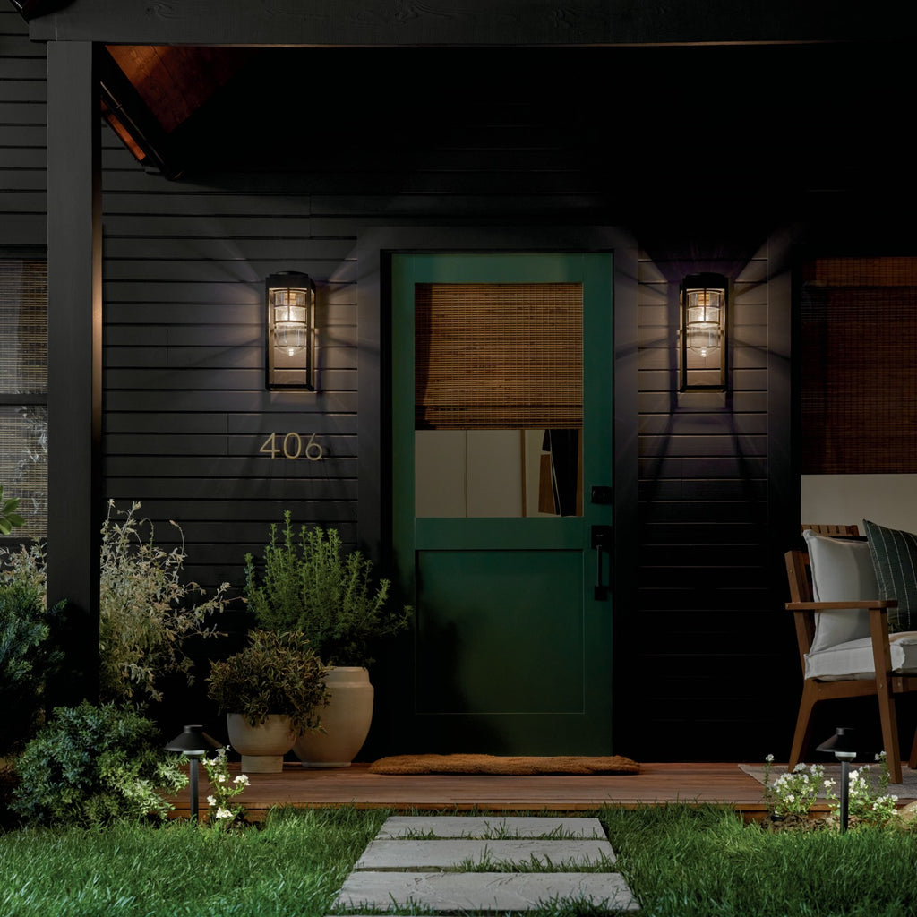 KICHLER 59138BKT Hone 18 Inch 1 Light Outdoor Wall Light With Clear Glass In Textured Black With Natural Brass Accent