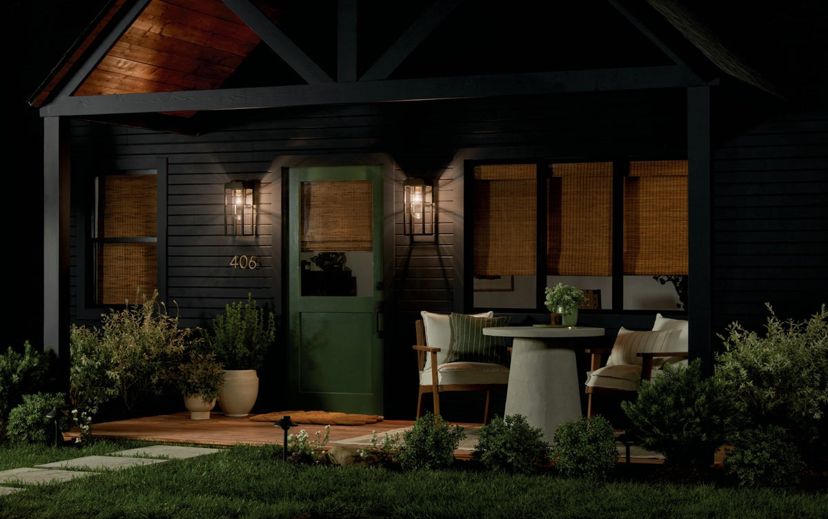 KICHLER 59138BKT Hone 18 Inch 1 Light Outdoor Wall Light With Clear Glass In Textured Black With Natural Brass Accent