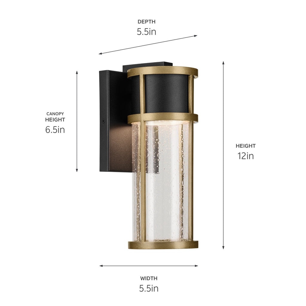KICHLER 59139BKT Camillo 12 Inch Led Outdoor Wall Light With Clear Seeded Glass In Textured Black With Natural Brass
