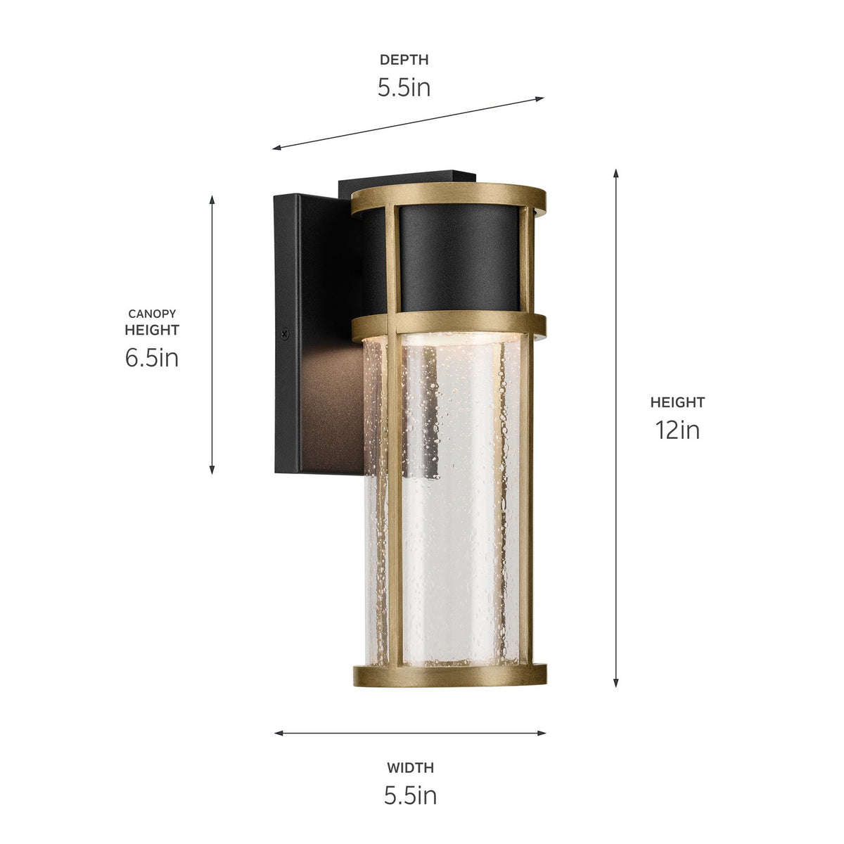 KICHLER 59139BKT Camillo 12 Inch Led Outdoor Wall Light With Clear Seeded Glass In Textured Black With Natural Brass
