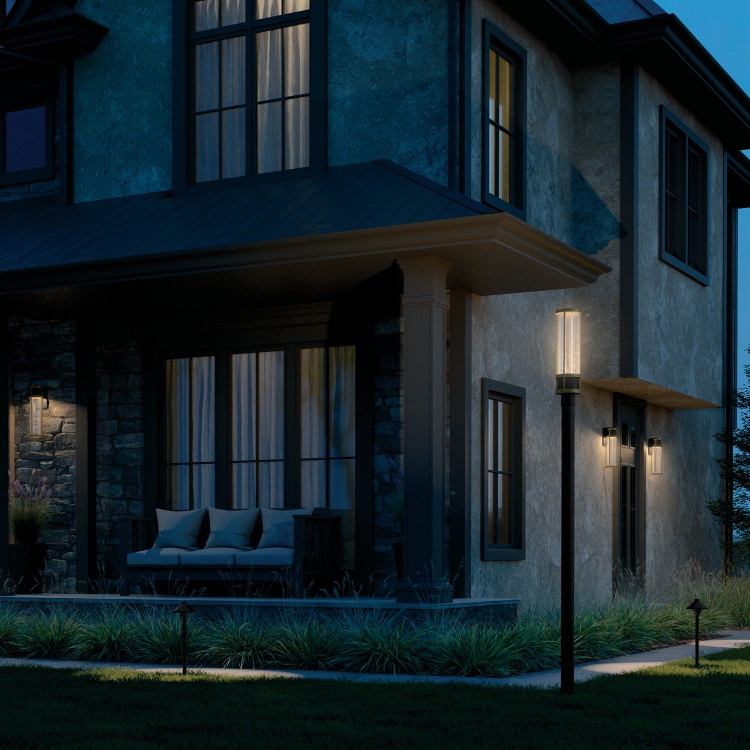 KICHLER 59141BKT Camillo 20 Inch Led Outdoor Wall Light With Clear Seeded Glass In Textured Black With Natural Brass