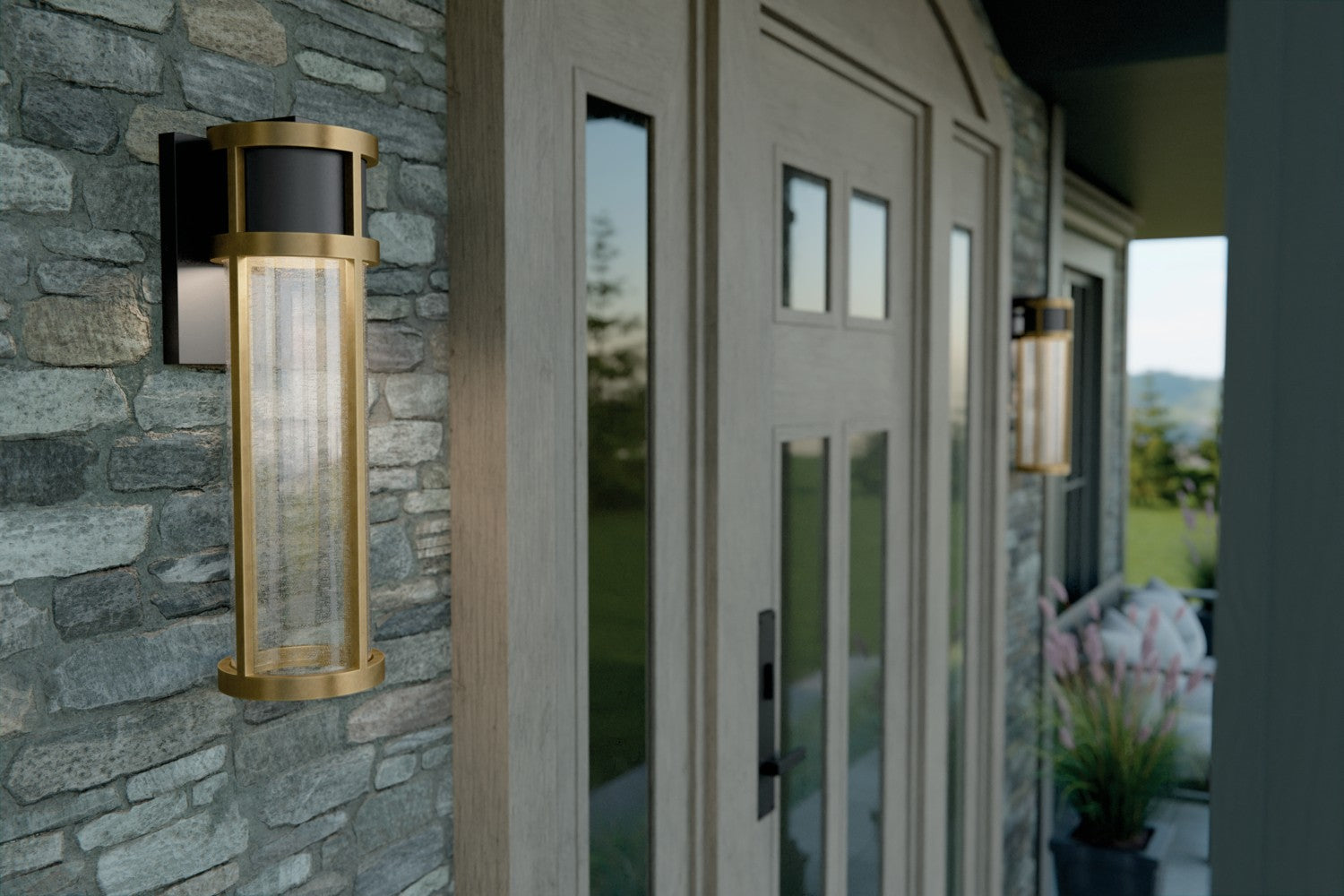 KICHLER 59141BKT Camillo 20 Inch Led Outdoor Wall Light With Clear Seeded Glass In Textured Black With Natural Brass