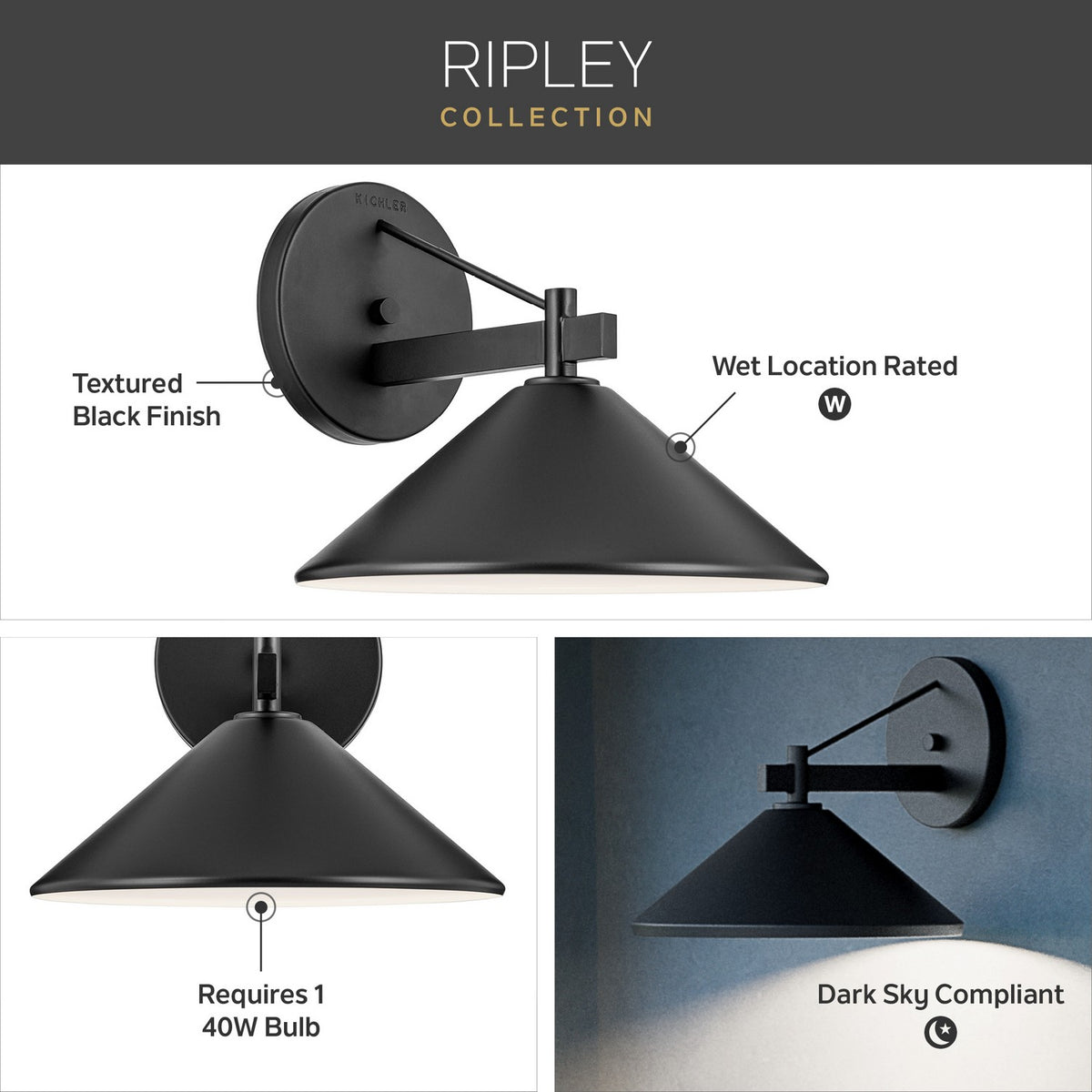 KICHLER 49061BK Ripley 12" 1-Light Outdoor Wall Light In Black