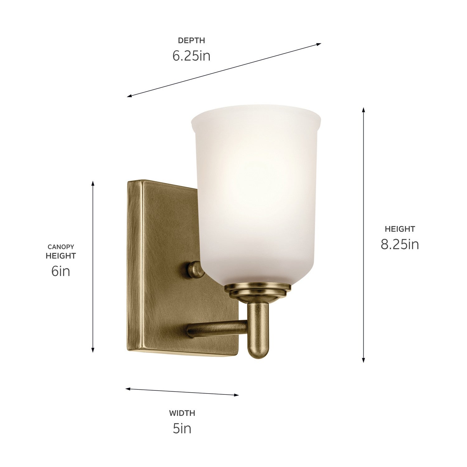 KICHLER 45572NBR Shailene 5" 1-Light Wall Sconce With Clear Satin Etched Glass In Natural Brass