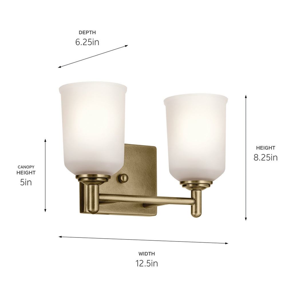 KICHLER 45573NBR Shailene 12.5" 2-Light Vanity Light With Clear Satin Etched Glass In Natural Brass