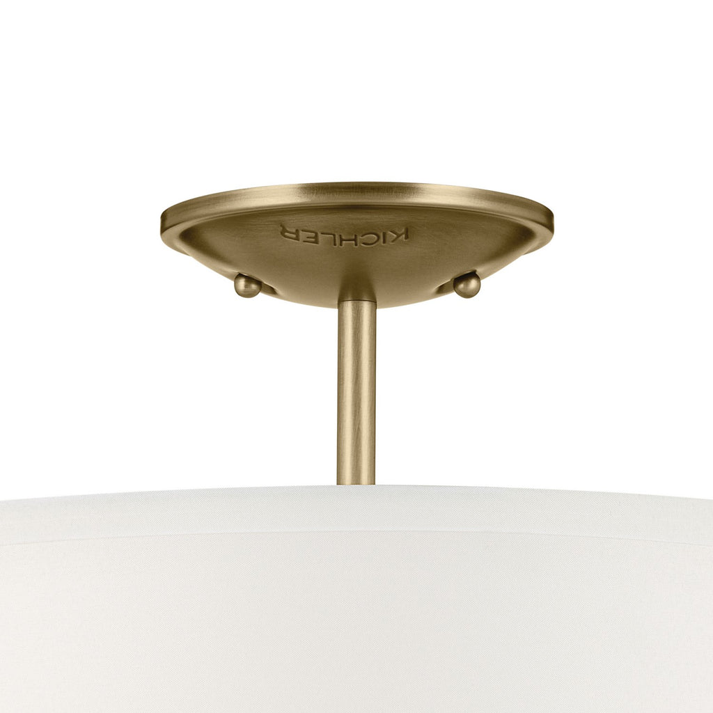 KICHLER 43675NBR Shailene 10" 3-Light Small Round Semi Flush With White Fabric Shade And Clear Satin Etched Diffuser In Natural Brass