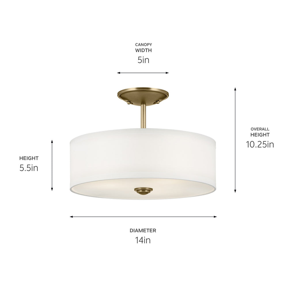 KICHLER 43675NBR Shailene 10" 3-Light Small Round Semi Flush With White Fabric Shade And Clear Satin Etched Diffuser In Natural Brass