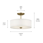 KICHLER 43675NBR Shailene 10" 3-Light Small Round Semi Flush With White Fabric Shade And Clear Satin Etched Diffuser In Natural Brass