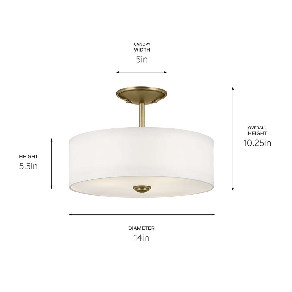 KICHLER 43675NBR Shailene 10" 3-Light Small Round Semi Flush With White Fabric Shade And Clear Satin Etched Diffuser In Natural Brass