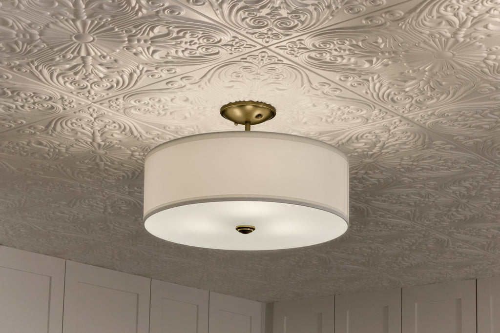 KICHLER 43675NBR Shailene 10" 3-Light Small Round Semi Flush With White Fabric Shade And Clear Satin Etched Diffuser In Natural Brass