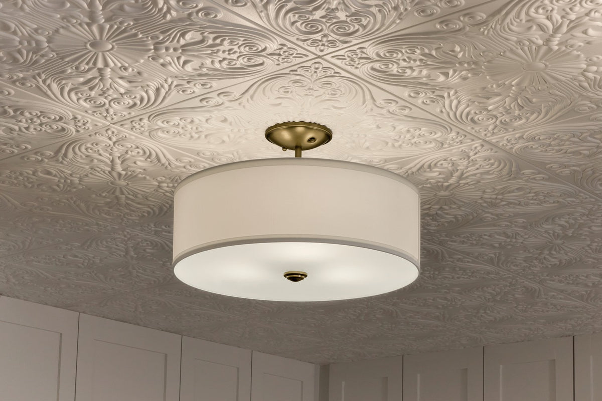 KICHLER 43675NBR Shailene 10" 3-Light Small Round Semi Flush With White Fabric Shade And Clear Satin Etched Diffuser In Natural Brass