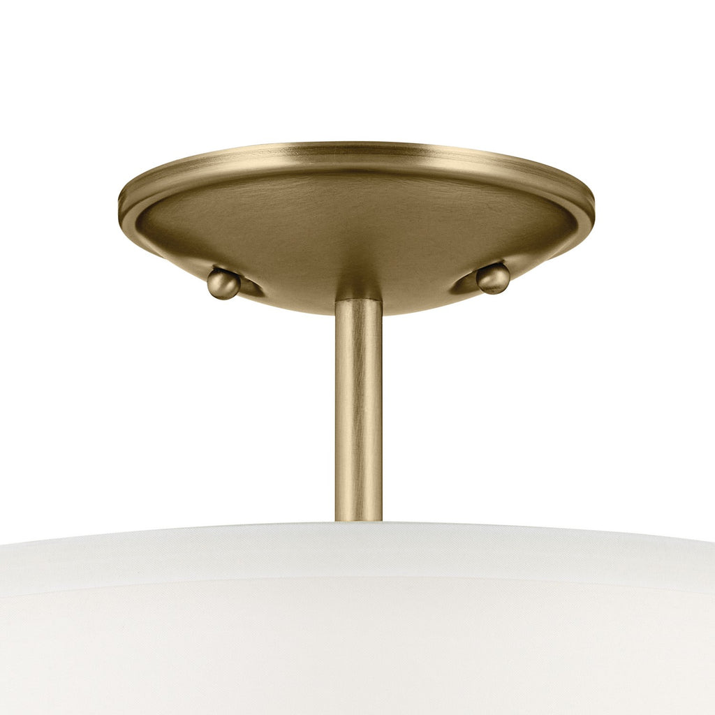 KICHLER 43692NBR Shailene 11.5" 3-Light Small Round Semi Flush With White Fabric Shade And Clear Satin Etched Diffuser In Natural Brass