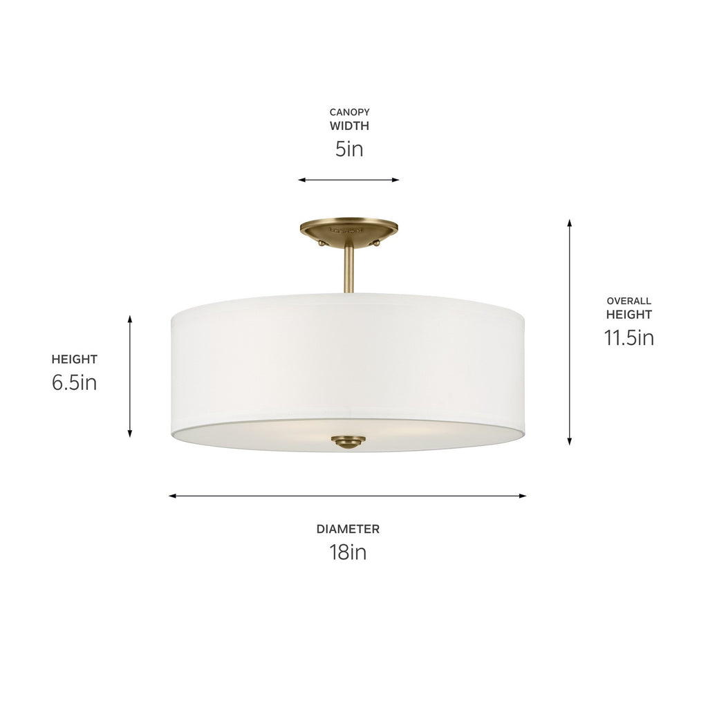 KICHLER 43692NBR Shailene 11.5" 3-Light Small Round Semi Flush With White Fabric Shade And Clear Satin Etched Diffuser In Natural Brass