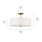 KICHLER 43692NBR Shailene 11.5" 3-Light Small Round Semi Flush With White Fabric Shade And Clear Satin Etched Diffuser In Natural Brass