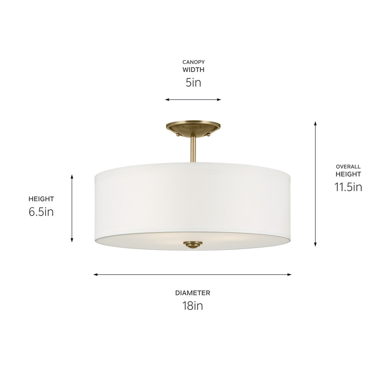 KICHLER 43692NBR Shailene 11.5" 3-Light Small Round Semi Flush With White Fabric Shade And Clear Satin Etched Diffuser In Natural Brass