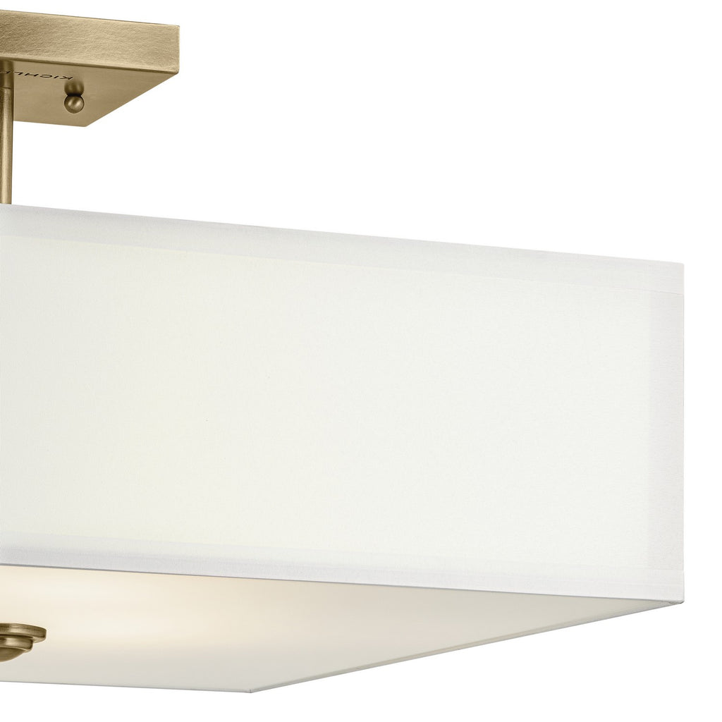 KICHLER 43693NBR Shailene 11.25" 3-Light Medium Square Semi Flush With White Fabric Shade And Clear Satin Etched Diffuser In Natural Brass
